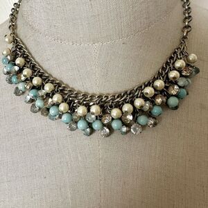 Lydell NYC blue faux pearl rhinestone cluster beaded bib necklace